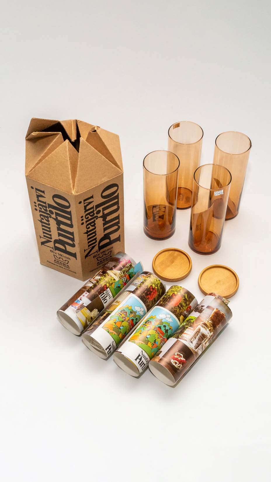 Nuutajärvi, Purtilo, Set of 4 Glass Containers/Tumblers, Brown